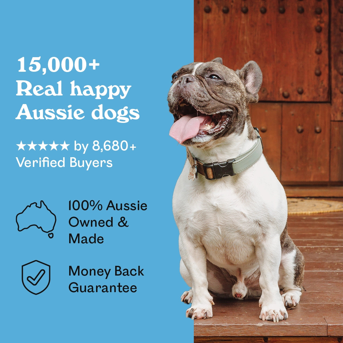 Happy brindle French Bulldog sitting on a wooden porch beside Eureka Pet Co. Fillet O Fish — 5-star rated by over 8,680 verified buyers, 100% Australian owned and made with a money back guarantee
