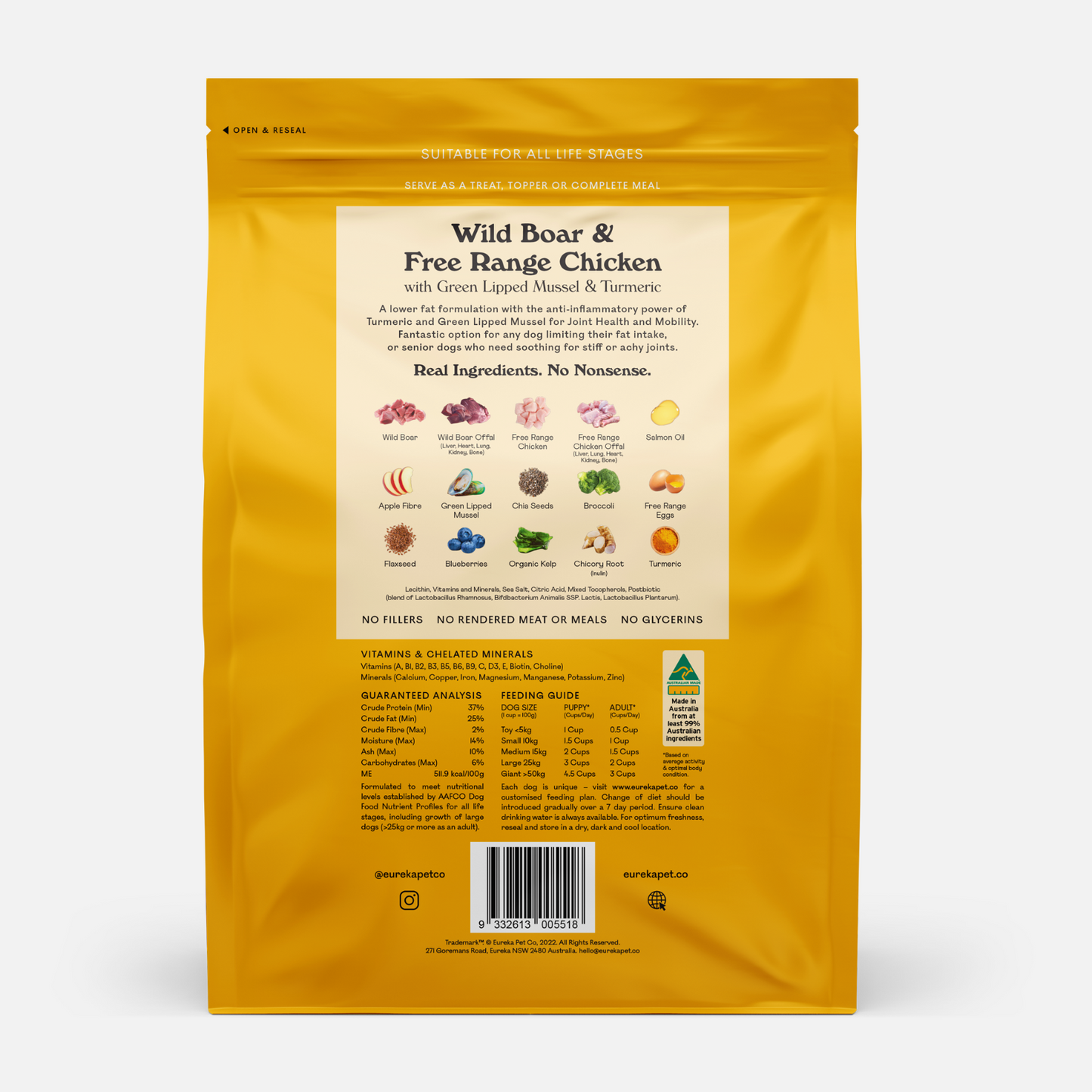 The back of a bag of Eureka Wild Boar & Chicken Air-Dried Dog Food, showing the ingredients.