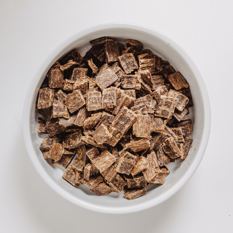 A bowl of Eureka Wild Kangaroo & Lamb Air-Dried Dog Food.