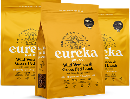Three bags of Eureka Wild Venison & Grass Fed Lamb air-dried dog food.