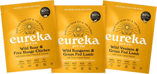 Three sample bags of Eureka Air-Dried Dog Food.