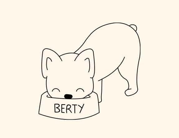 Line drawing of a dog named BERTY eating from a bowl, linked to 'Feeding To A Lean Body Weight Extends Life Span'.