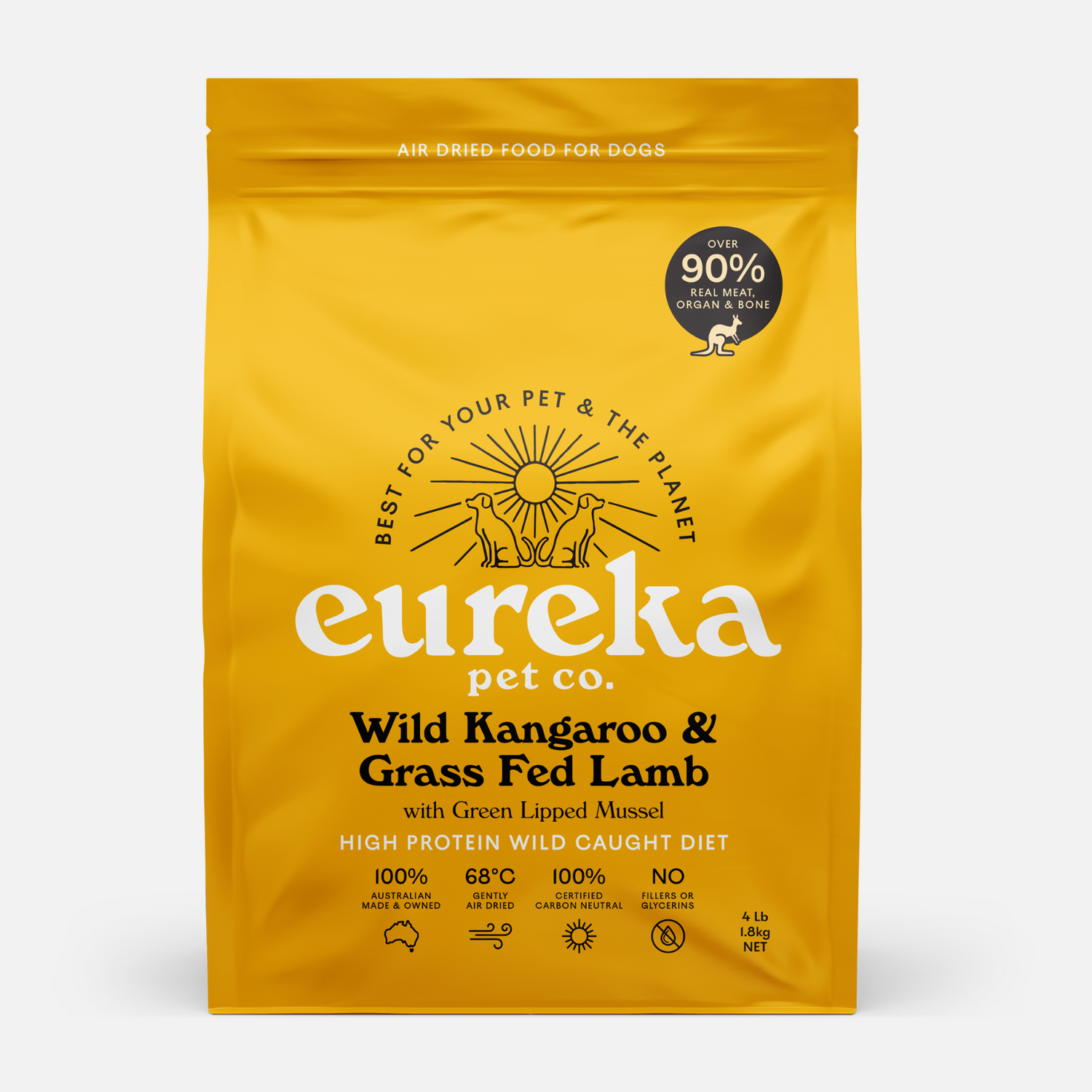 A bag of Eureka Wild Kangaroo & Lamb Air-Dried Dog Food.