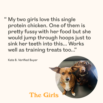 Two Dachshunds, a purebred and Dachshund mix, featured in verified buyer review praising Eureka single protein chicken as a fussy eater approved dog food and effective training treat