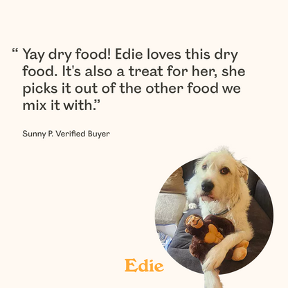 Cream and white scruffy mixed breed dog named Edie holding a toy featured in verified buyer review praising Eureka dry dog food as a favourite dogs pick out when mixed with other food