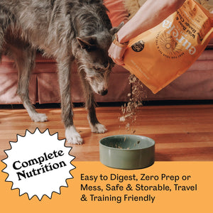 Eureka Pet Co. Wild Boar & Free Range Chicken air-dried dog food being poured into a ceramic bowl for a large grey dog — complete nutrition that is easy to digest, zero prep, safe, storable and travel and training friendly.