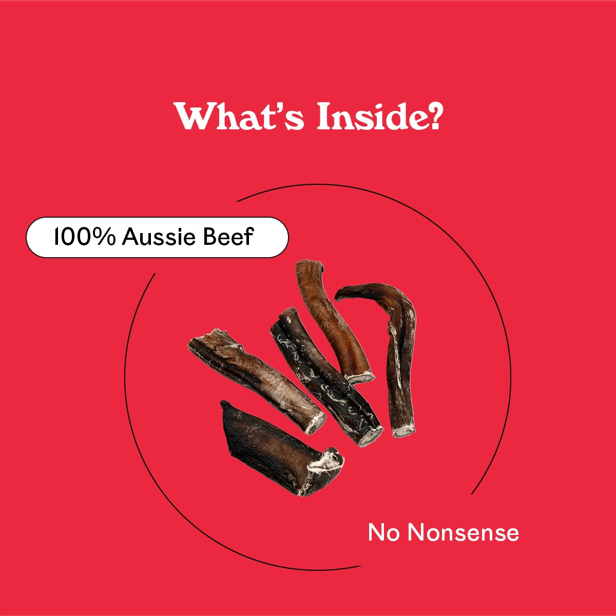 Beef Bully Chompers ingredient breakdown — 100% Australian beef natural dog chews with no nonsense additives