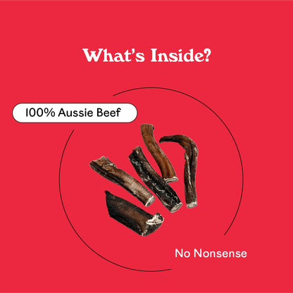 Beef Bully Chompers ingredient breakdown — 100% Australian beef natural dog chews with no nonsense additives