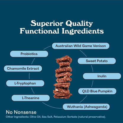 Eureka Pet Co. Calming and Restore Functional Treat ingredient breakdown — Australian wild game venison, sweet potato, QLD blue pumpkin, probiotics, chamomile extract, L-tryptophan, L-theanine, inulin and ashwaganda natural calming dog treat with no nonsense additives