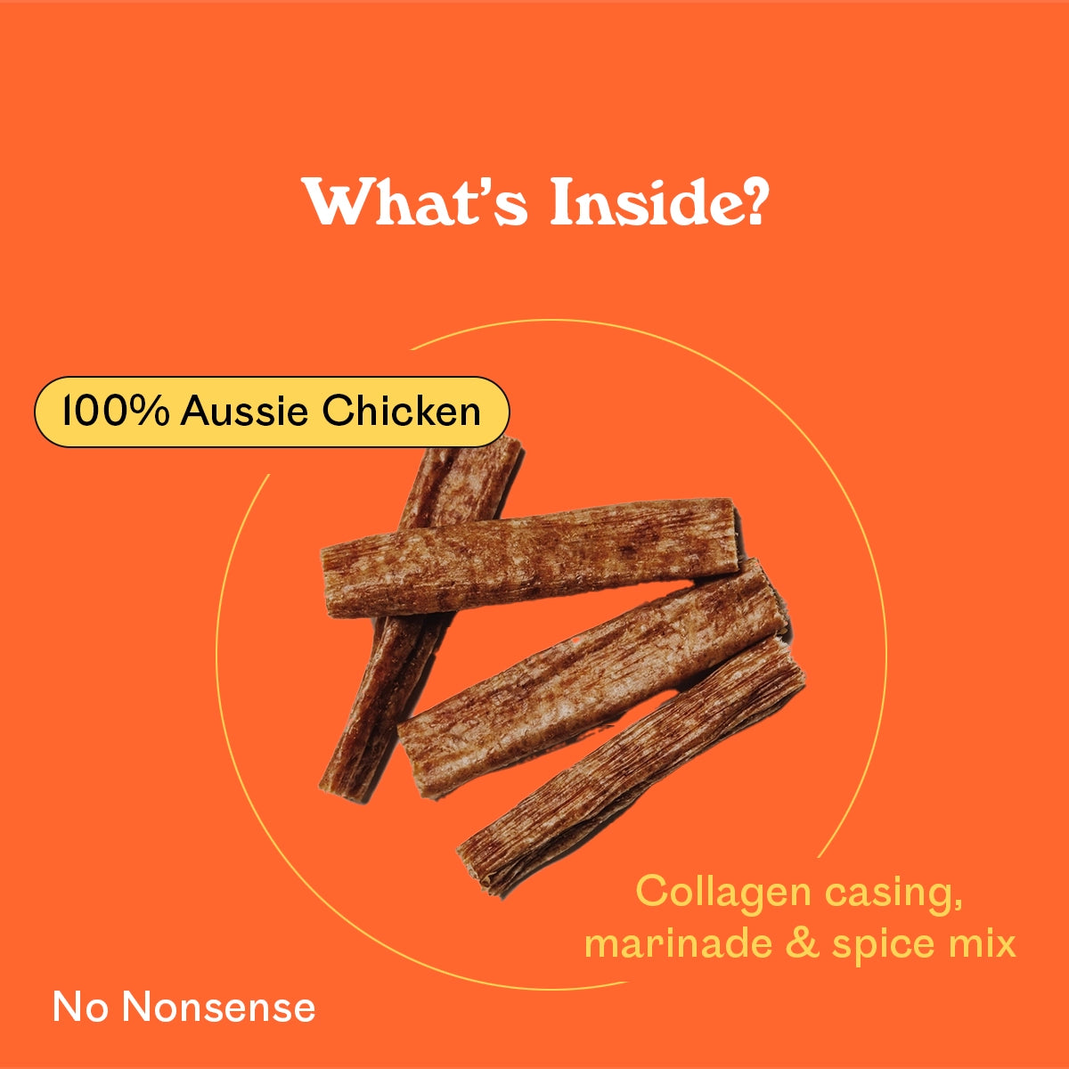 Eureka Pet Co. Cluckin Good Chews ingredient breakdown — 100% Australian chicken with collagen casing, marinade and spice mix natural dog chews with no nonsense additives