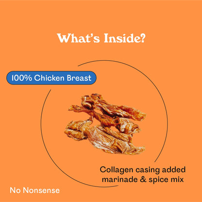 Eureka Pet Co. Cluckin Good Jerky ingredient breakdown — 100% chicken breast with collagen casing, marinade and spice mix natural dog jerky treat with no nonsense additives