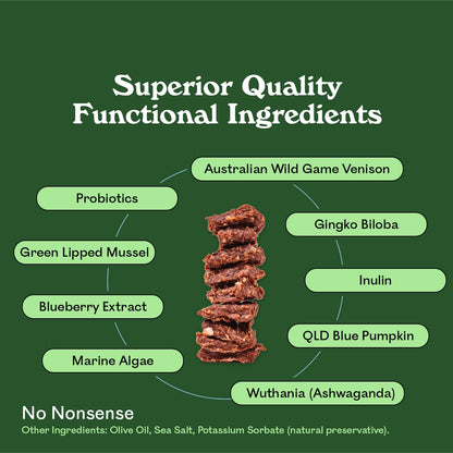 Eureka Pet Co. Cognitive and Vitality Functional Treat ingredient breakdown — Australian wild game venison, ginkgo biloba, green lipped mussel, blueberry extract, marine algae, probiotics, inulin, QLD blue pumpkin and ashwagandha natural cognitive support dog treat with no nonsense additives