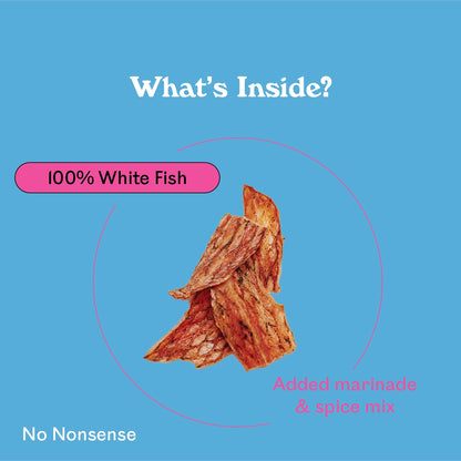 Eureka Pet Co. Fillet O Fish ingredient breakdown — 100% white fish with marinade and spice mix natural dog treat with no nonsense additives
