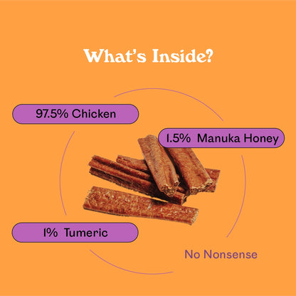 Eureka Pet Co. Honey Infused Chicky Chews ingredient breakdown — 97.5% chicken, 1.5% manuka honey and 1% turmeric natural dog chews with no nonsense additives