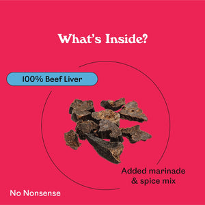 Eureka Pet Co. Mighty Liver Munchies ingredient breakdown — 100% beef liver with marinade and spice mix natural dog treat with no nonsense additives