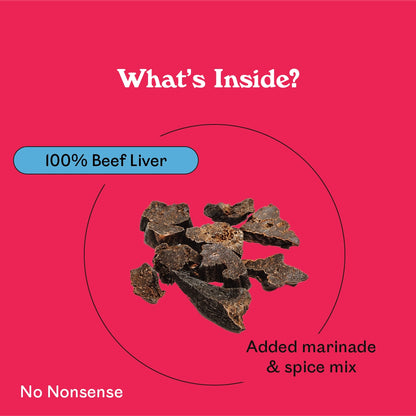 Eureka Pet Co. Mighty Liver Munchies ingredient breakdown — 100% beef liver with marinade and spice mix natural dog treat with no nonsense additives