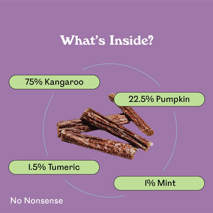 Eureka Pet Co. Minty Roo Remedy Chews ingredient breakdown — 75% kangaroo, 22.5% pumpkin, 1.5% turmeric and 1% mint natural dog dental chews with no nonsense additives