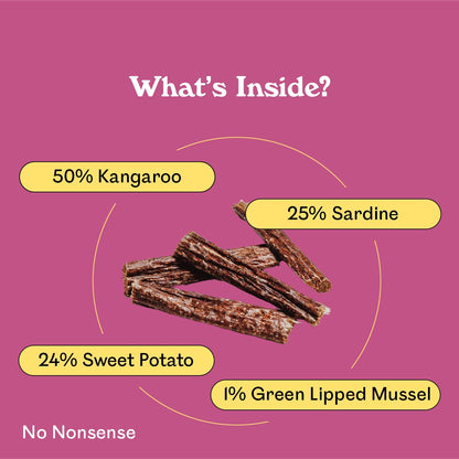 Eureka Pet Co. Rockin Roo Chews ingredient breakdown — 50% kangaroo, 25% sardine, 24% sweet potato and 1% green lipped mussel natural dog chews with no nonsense additives