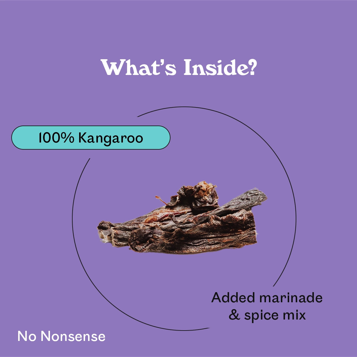 Eureka Pet Co. Rockin Roo Jerky ingredient breakdown — 100% kangaroo with marinade and spice mix natural dog jerky treat with no nonsense additives