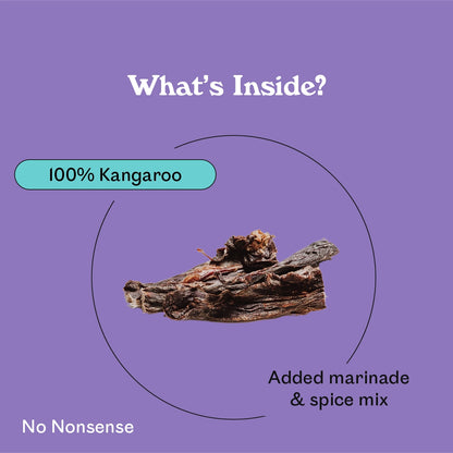 Eureka Pet Co. Rockin Roo Jerky ingredient breakdown — 100% kangaroo with marinade and spice mix natural dog jerky treat with no nonsense additives