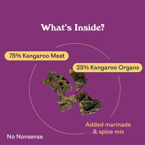 Eureka Pet Co. Rockin Roo Trail Mix ingredient breakdown — 75% kangaroo meat and 25% kangaroo organs with marinade and spice mix natural dog treat with no nonsense additives