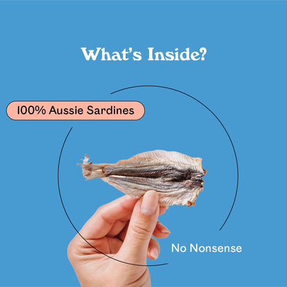 Eureka Pet Co. Sardine Sizzlers ingredient breakdown — 100% Australian sardines single ingredient natural dog treat with no nonsense additives