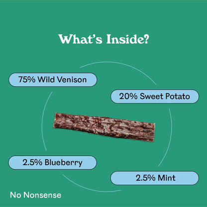 Eureka Pet Co. The Breath Freshener dog treat ingredient breakdown — 75% wild venison, 20% sweet potato, 2.5% blueberry and 2.5% mint natural dog dental chew with no nonsense additives