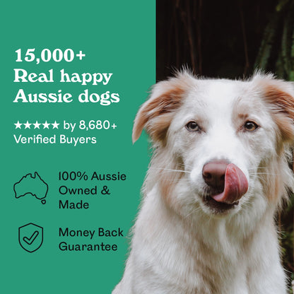 Red and white Border Collie licking lips beside Eureka Pet Co. The Breath Freshener — 5-star rated by over 8,680 verified buyers, 100% Australian owned and made with a money back guarantee