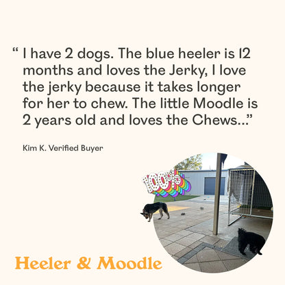 
Verified buyer review for Eureka Pet Co. Wild Venison Jerky with a Blue Heeler and Moodle enjoying treats in an outdoor yard