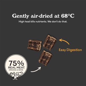 Eureka 75 air-dried at 68°C kibble pieces, Easy Digestion callout, 75% real meat organs and bone, turkey kangaroo and sheep icons