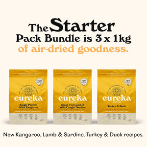 Eureka 75 Starter Pack Bundle: three Eureka 75 1kg air-dried bags, Grass Fed Lamb & Wild Caught Sardine, Single Protein Wild Kangaroo, Turkey & Duck