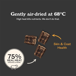 Eureka air-dried at 68°C kibble pieces, Skin & Coat Health callout, 75% real meat organs and bone, sheep icon