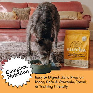 Eureka Grass Fed Lamb & Wild Caught Sardine bag beside dog eating from bowl, Complete Nutrition badge