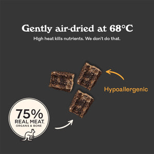 Eureka air-dried at 68°C kibble pieces, Hypoallergenic callout, 75% real meat organs and bone, kangaroo icon
