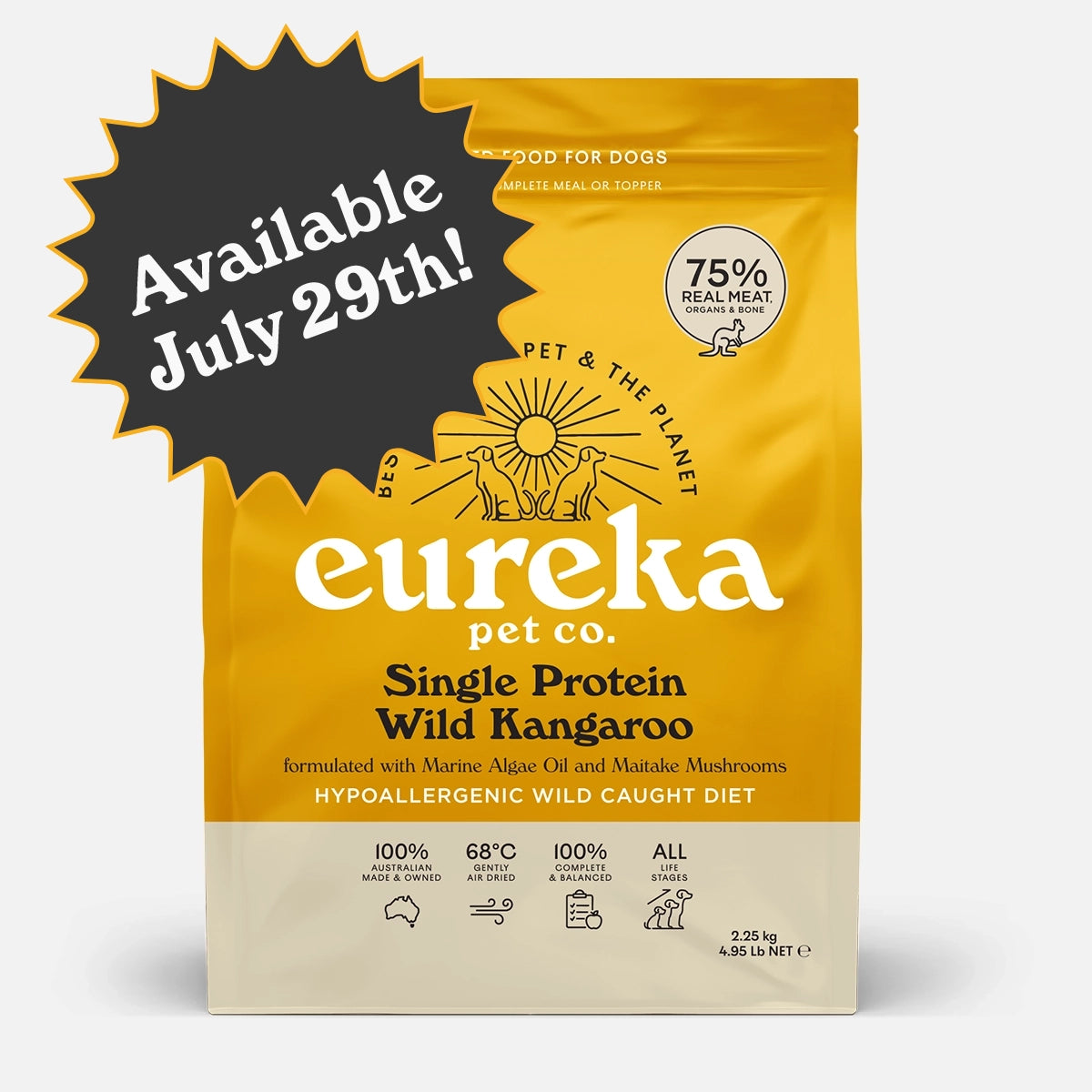 Coming Soon - Eureka 75 Single Protein Wild Kangaroo air dried dog food 2.25kg bag - hypoallergenic wild caught diet, 75% real meat organs and bone, 100% Australian made
