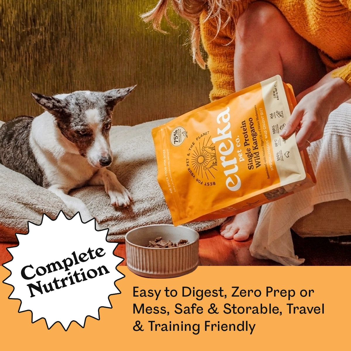 Eureka Single Protein Wild Kangaroo bag being poured into bowl, dog waiting on cushion, Complete Nutrition badge