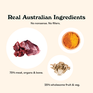Eureka E75 real Australian ingredients: wild kangaroo meat, turmeric, and mushroom showing 75% protein and 25% wholesome veg