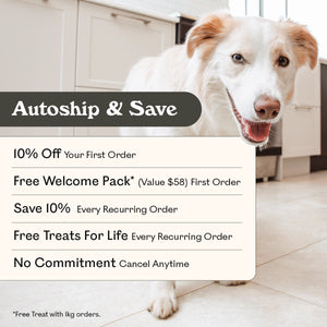 Eureka Pet Co. Autoship and Save subscription benefits — 10% off first order, free welcome pack valued at $58, 10% off every recurring order, free treats for life and no commitment cancel anytime, with a happy red and white Border Collie mix in a kitchen
