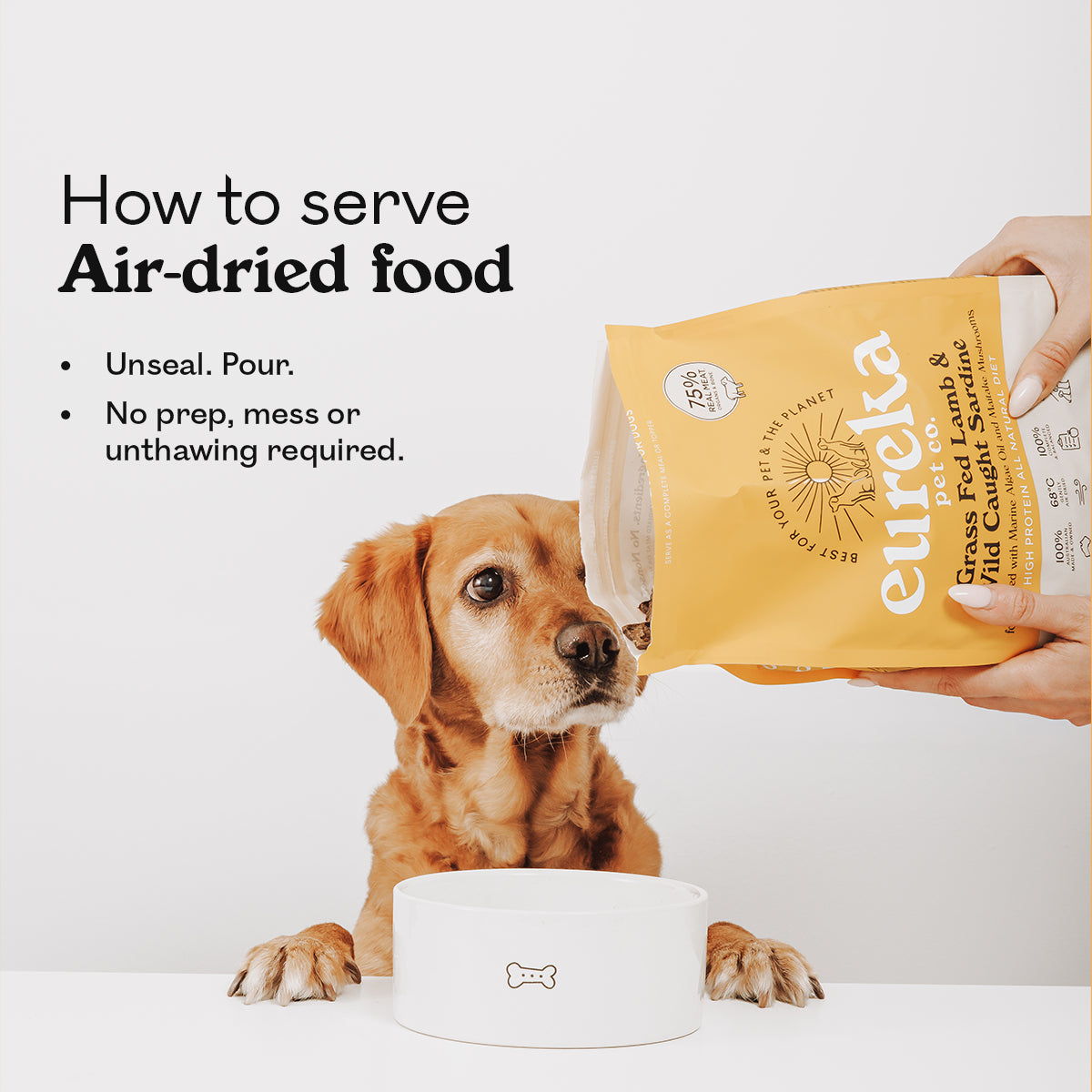 Golden retriever with paws on a table, watching a hand pour Eureka Pet Co Grass Fed Lamb & Wild Caught Sardine air-dried food into a white bowl. Text reads how to serve air-dried food, unseal, pour, no prep, mess or unthawing required.