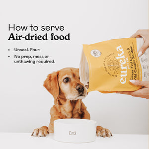 Golden retriever with paws on a table, watching a hand pour Eureka Pet Co Grass Fed Lamb & Wild Caught Sardine air-dried food into a white bowl. Text reads how to serve air-dried food, unseal, pour, no prep, mess or unthawing required.