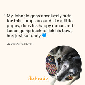 A promotional graphic with a quote about a dog on a cream background, plus a circular inset photo of a senior black-and-white dog lying on a patterned rug. The name 'Johnnie' appears in orange at the bottom.
