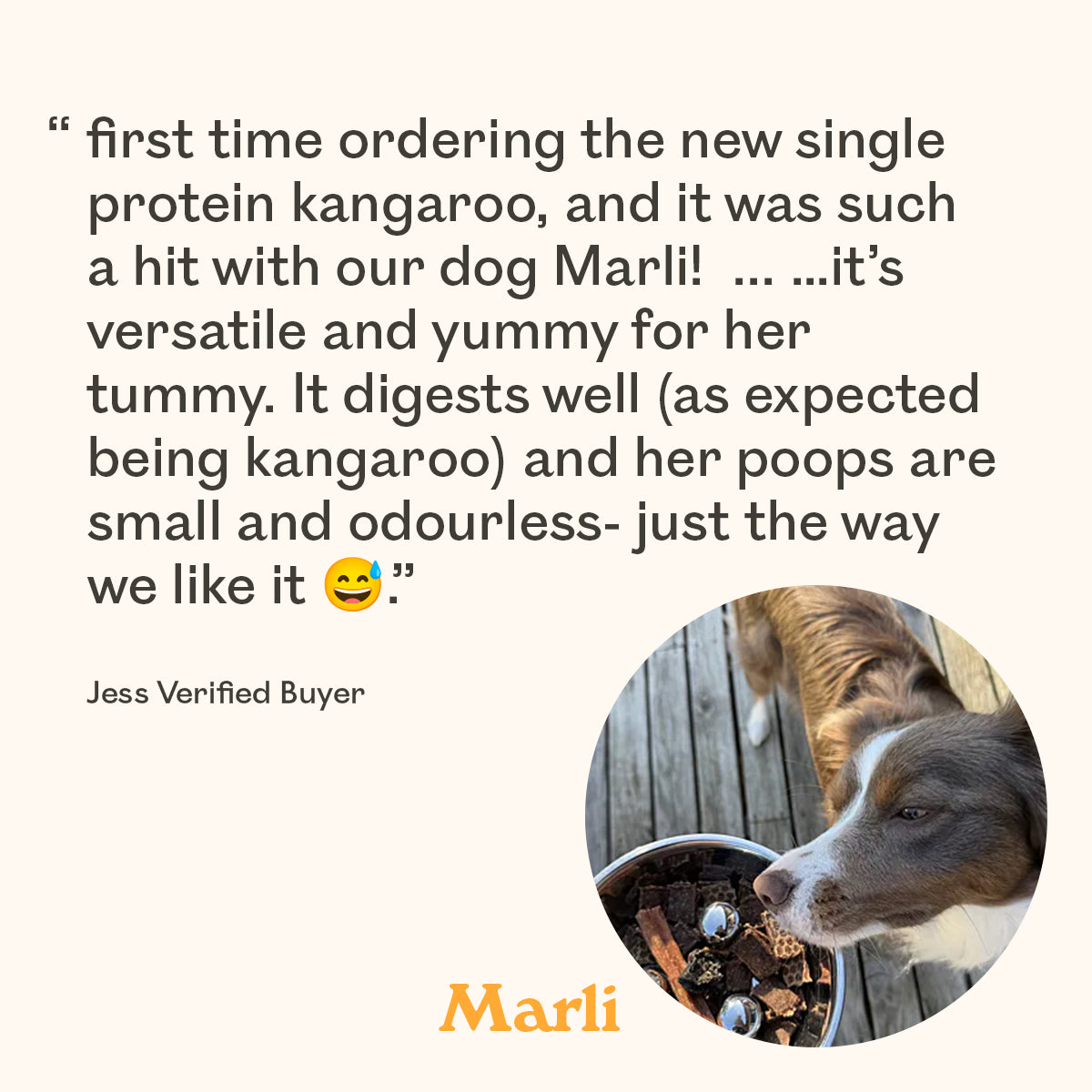 A testimonial-style graphic with a quote about a kangaroo protein dog food, a circular photo of a brown and white dog eating from a bowl, and the name 'Marli' at the bottom on a light cream background.