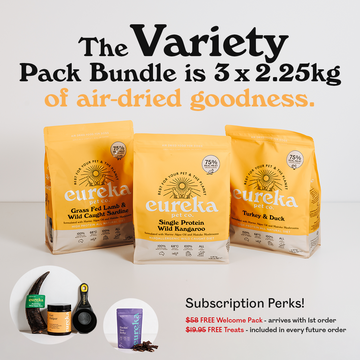 Eureka 75 variety pack showing all three 2.25kg air dried dog food flavours - Single Protein Wild Kangaroo, Grass Fed Lamb and Wild Caught Sardine, and Turkey and Duck - 75% real meat organs and bone, 100% Australian made