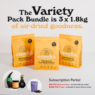 The Variety Pack Bundle is 3 x 1.8kg bags of Eureka Pet Co air-dried dog food: Wild Kangaroo & Grass Fed Lamb, Wild Boar & Free Range Chicken, and Wild Venison & Grass Fed Lamb. Includes subscription perks: free welcome pack worth $58 and free treats worth $19.95 in every future order.