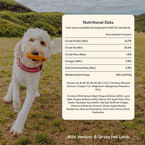 Goldendoodle running on grass holding an Eureka Pet Co treat, beside a nutritional data panel for Wild Venison & Grass Fed Lamb showing 42.7% crude protein, omega 3 content and a full ingredient list.
