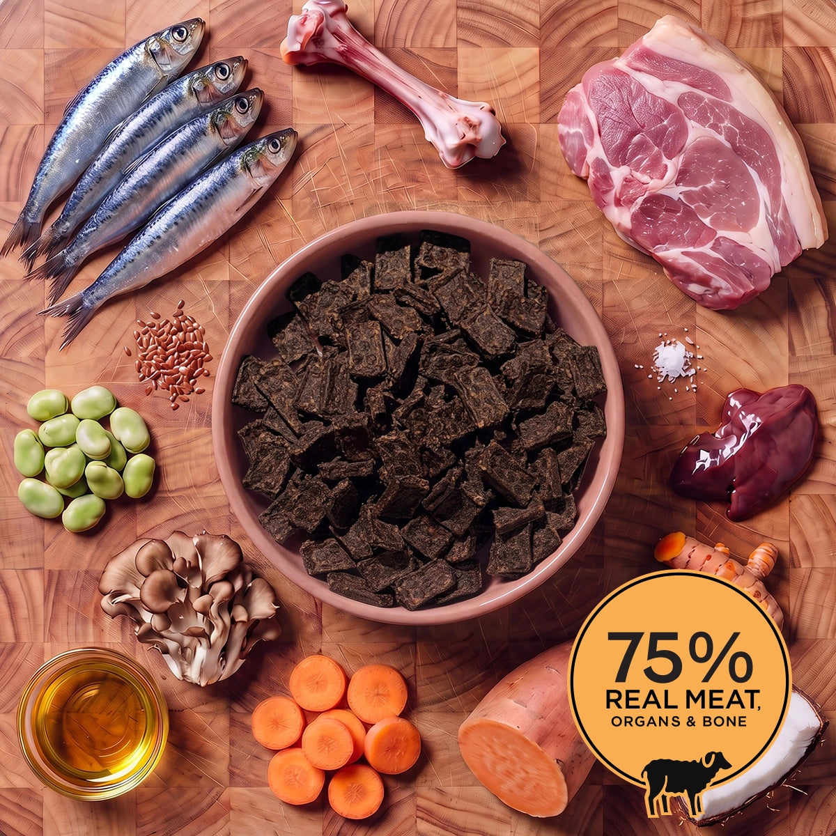 Pink bowl of Eureka Pet Co air-dried dog food surrounded by raw ingredients on a wooden board, including a lamb bone, lamb shoulder, sardines, broad beans, coconut, flaxseed, sweet potato, turmeric and carrots. Badge reads 75% real meat, organs and bone
