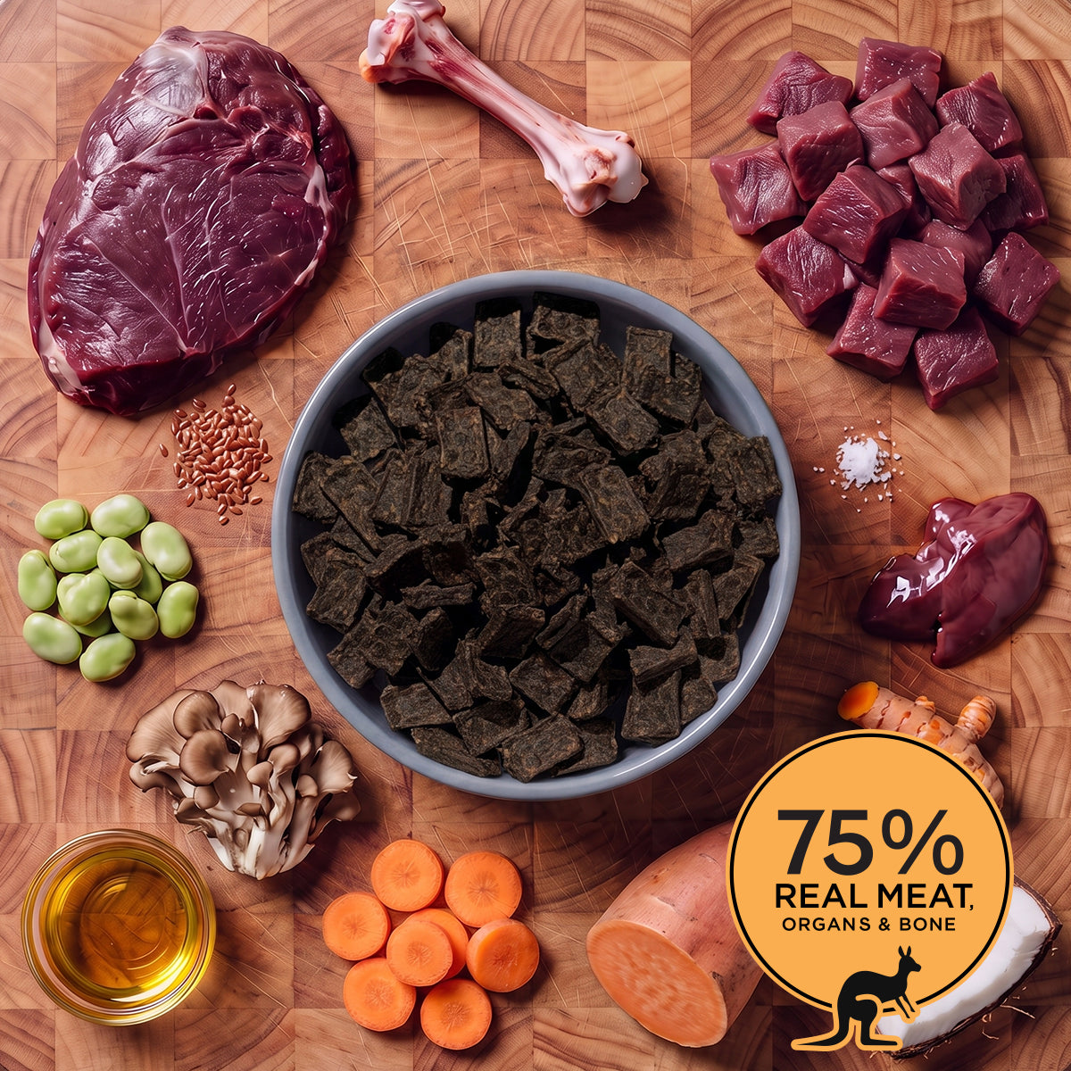 Blue-grey bowl of Eureka Pet Co air-dried dog food surrounded by raw ingredients on a wooden board, including a bone, kangaroo meat, broad beans, coconut, flaxseed, sweet potato, turmeric and carrots. Badge reads 75% real meat, organs and bone.