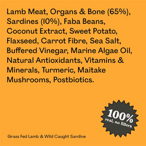 Full ingredient list for Eureka Pet Co Grass Fed Lamb & Wild Caught Sardine: lamb meat, organs and bone, sardines, faba beans, coconut extract, sweet potato, flaxseed and other natural ingredients. 100% real, no fillers.