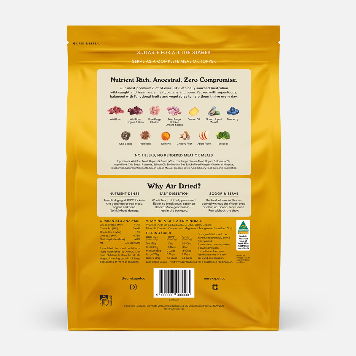 Back panel of Eureka Pet Co Wild Boar & Free Range Chicken air-dried dog food packaging, showing ingredient icons, guaranteed analysis with 41.7% crude protein, feeding guide by dog size, and made in Australia badge.