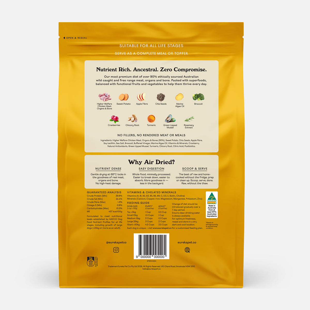 Back panel of Eureka Pet Co Single Protein Chicken air-dried dog food packaging, showing ingredient icons, guaranteed analysis with 39.9% crude protein, feeding guide by dog size, and made in Australia badge.